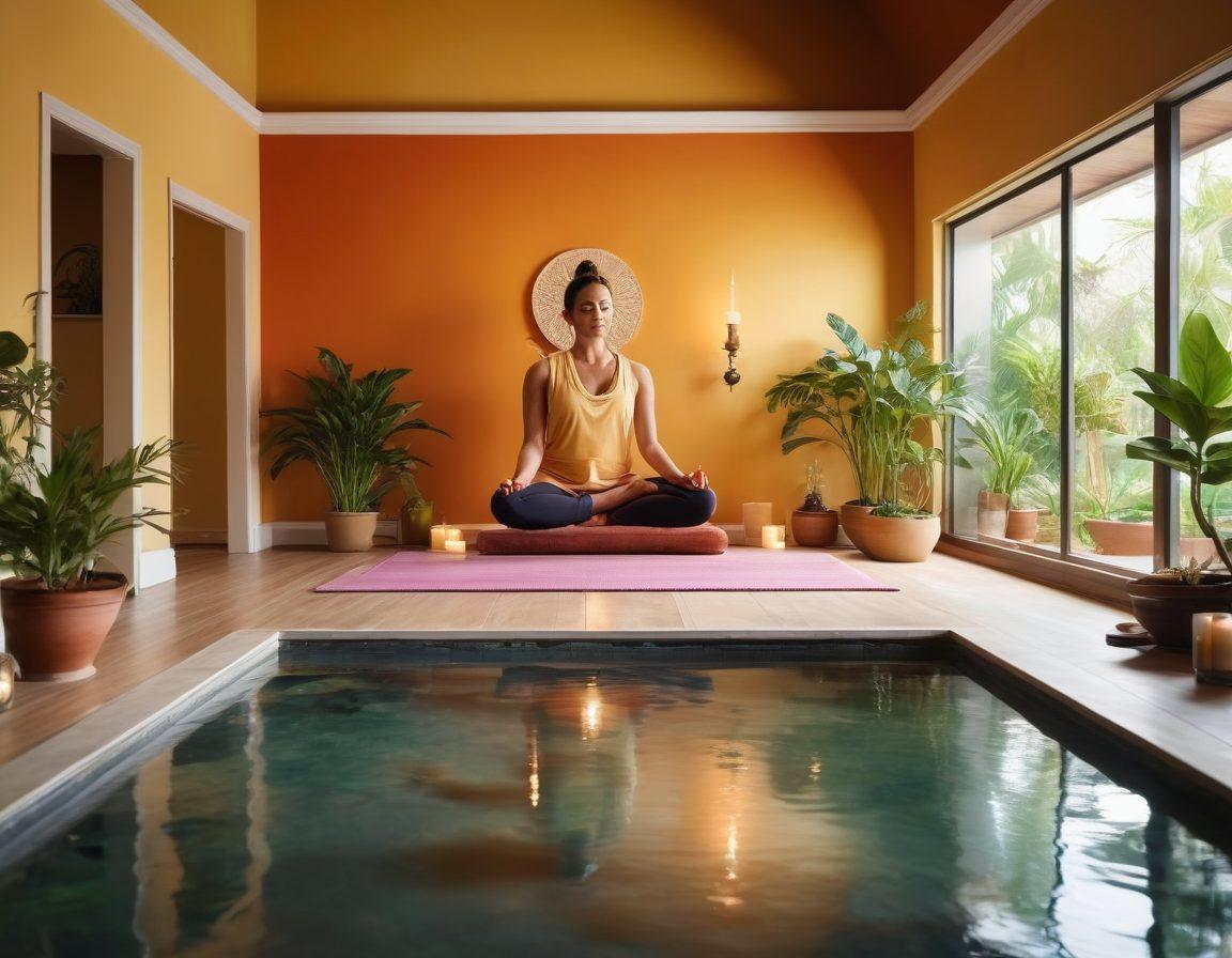 A serene yoga studio bathed in soft morning sunlight, featuring a person meditating in a lotus pose surrounded by floating candles and lush indoor plants. A calming water fountain softly trickles in the background, while chakra symbols are subtly integrated into the decor. The atmosphere exudes tranquility and balance, inviting viewers to embrace peace and mindfulness. super-realistic. vibrant colors. tranquil ambiance.