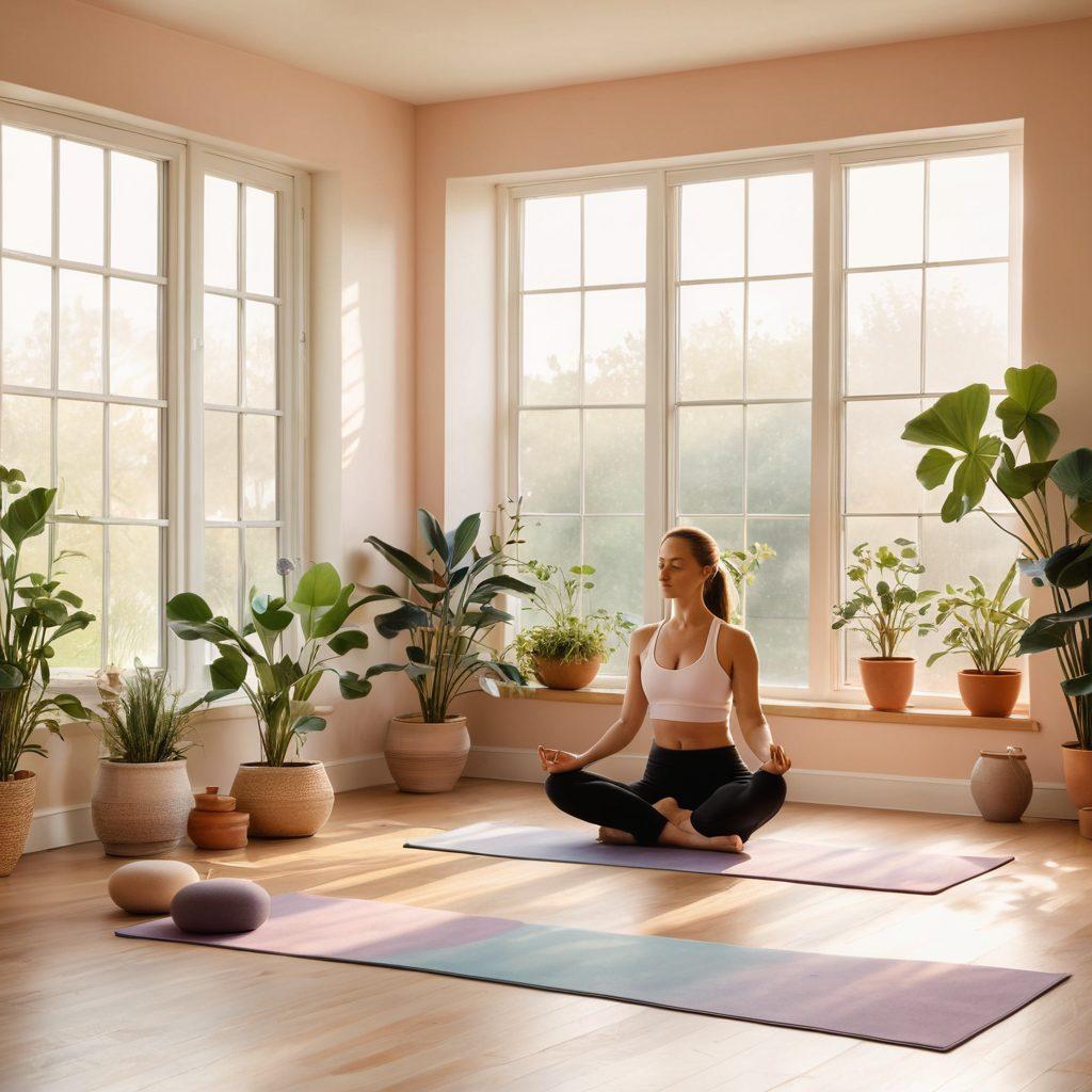 A serene yoga studio with a sunlit window casting soft shadows, featuring a diverse group of individuals practicing various yoga poses. In the foreground, a meditative figure seated in Lotus pose with gentle flowing plants around. The background includes calming colors and a subtle gradient, evoking tranquility and clarity. soft pastel colors. zen-inspired art. 
